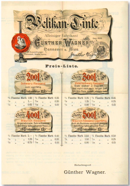 Price list for Pelikan inks from 1898